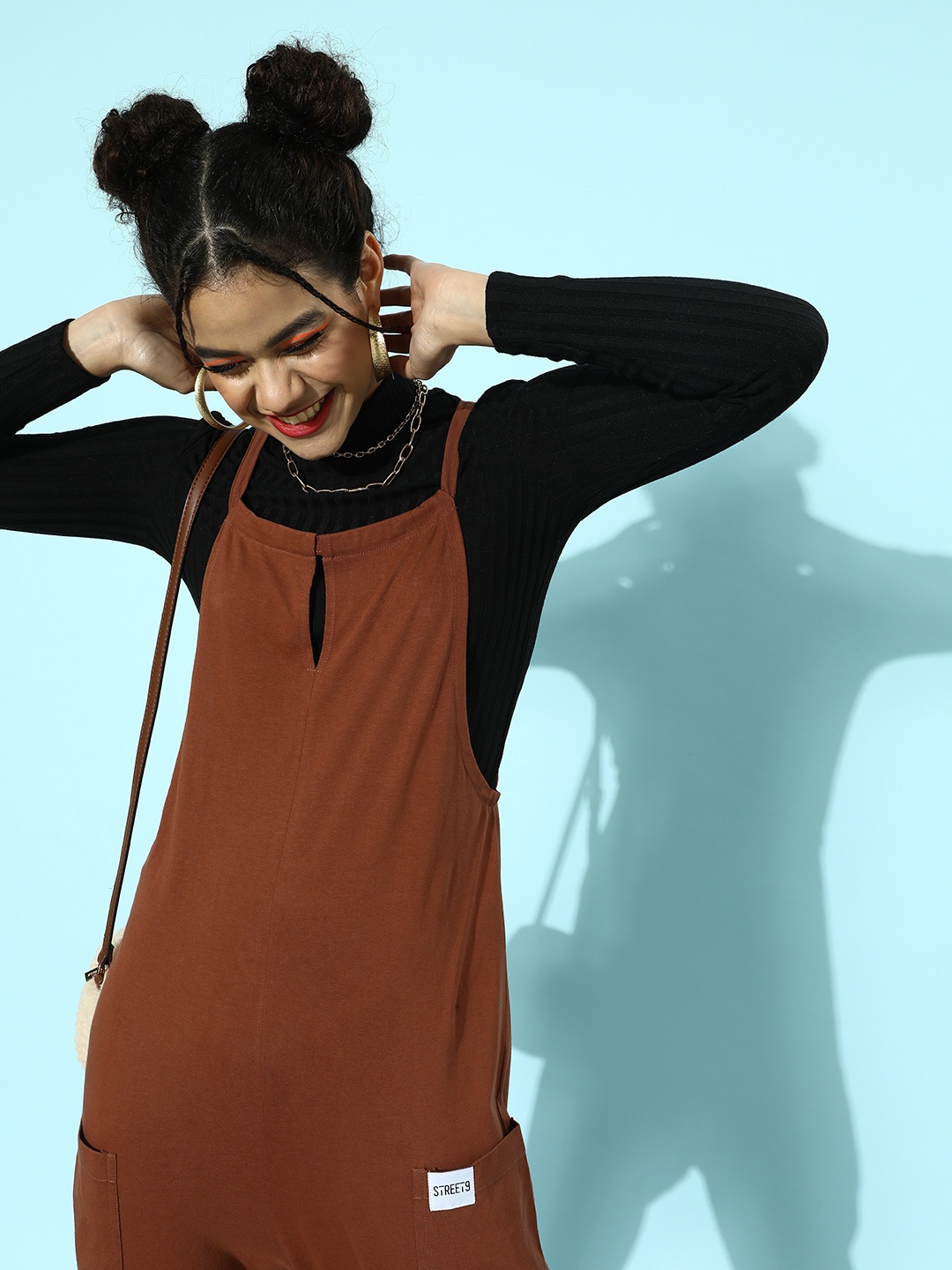 

STREET 9 Women Chic Rust Solid Oversized Pocket Dungarees