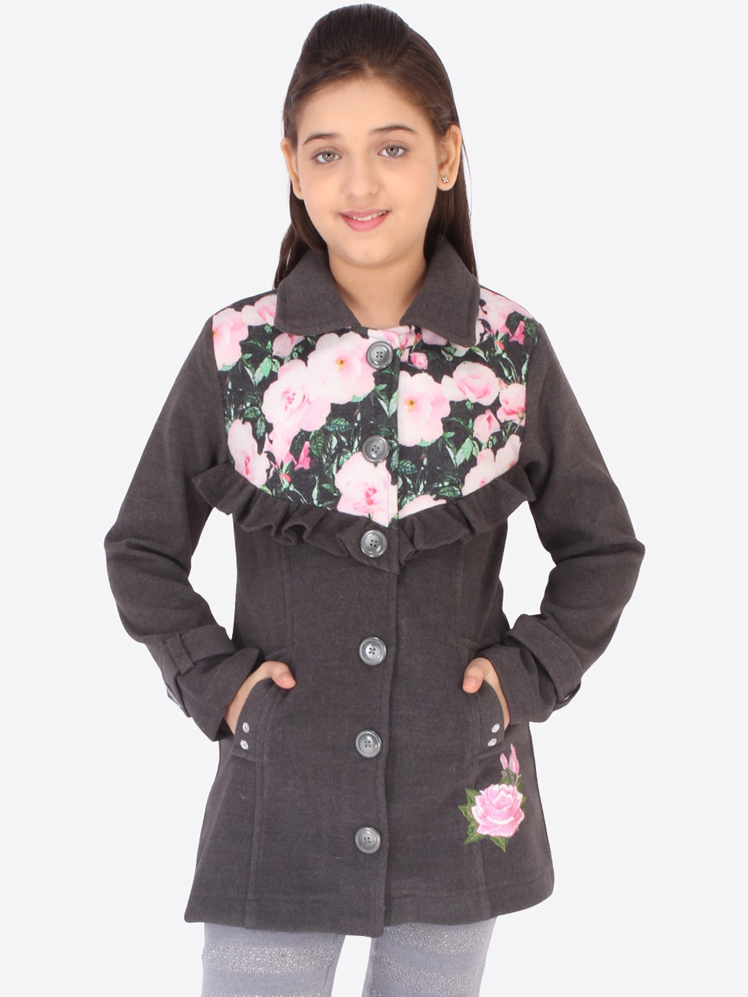 

CUTECUMBER Girls Grey Pink Floral Fleece Longline Tailored Jacket