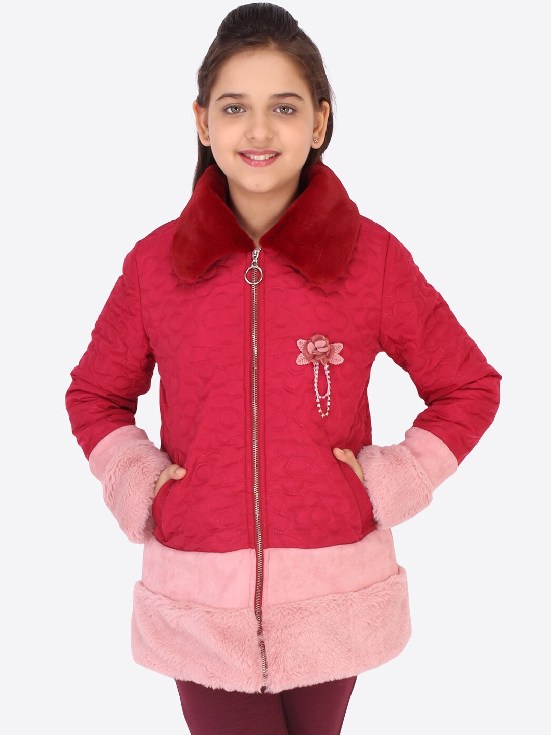 

CUTECUMBER Girls Pink Colourblocked Suede Longline Bomber Jacket