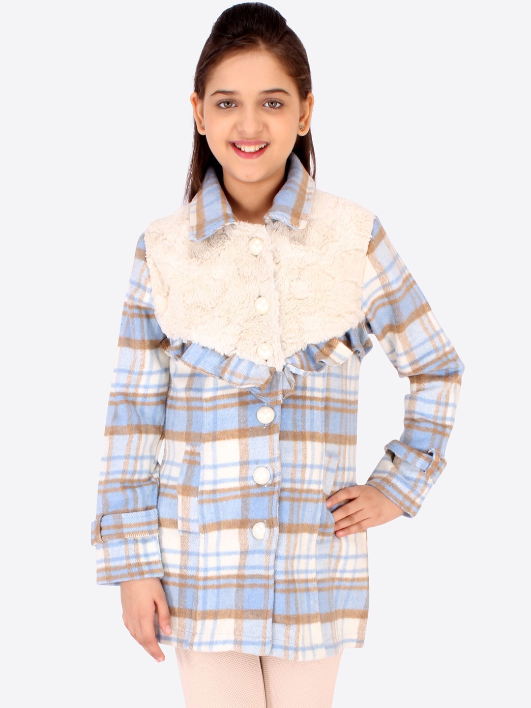 

CUTECUMBER Girls Blue Cream-Coloured Checked Longline Tailored Jacket
