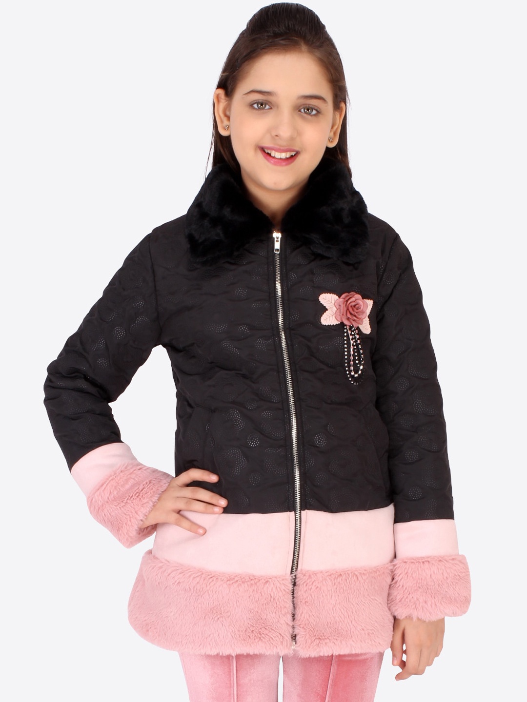 

CUTECUMBER Girls Black Pink Colourblocked Suede Crop Bomber Jacket