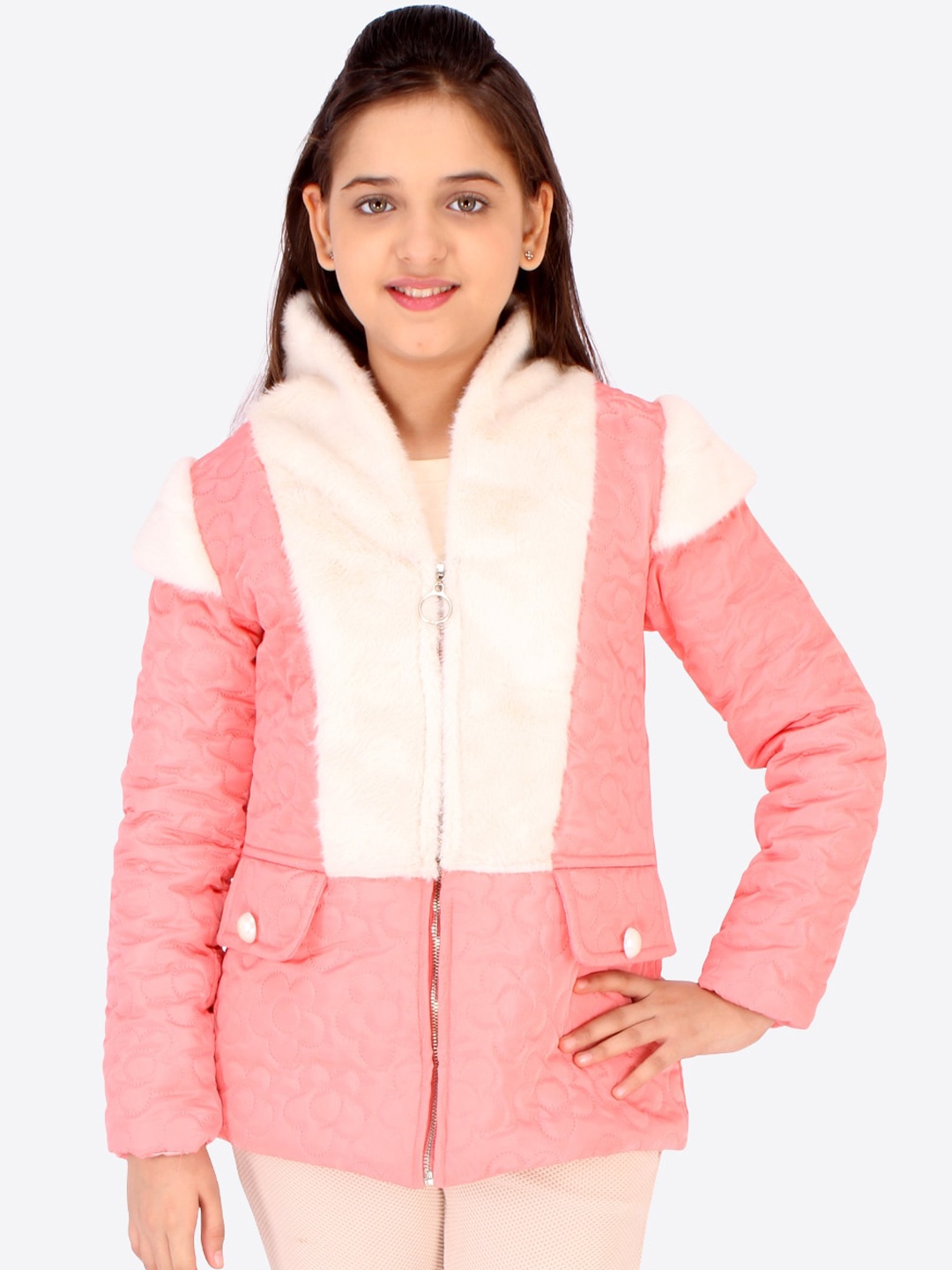 

CUTECUMBER Girls Peach-Coloured Colourblocked Tailored Jacket