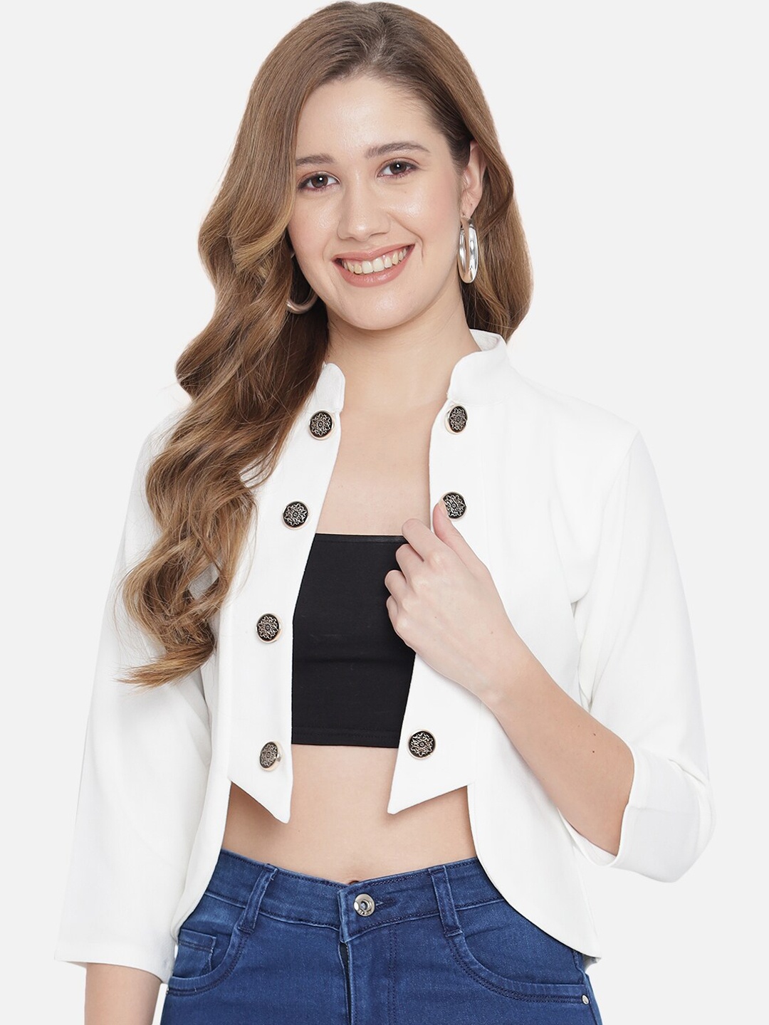 

Purple Feather Women White Crop Tailored Jacket