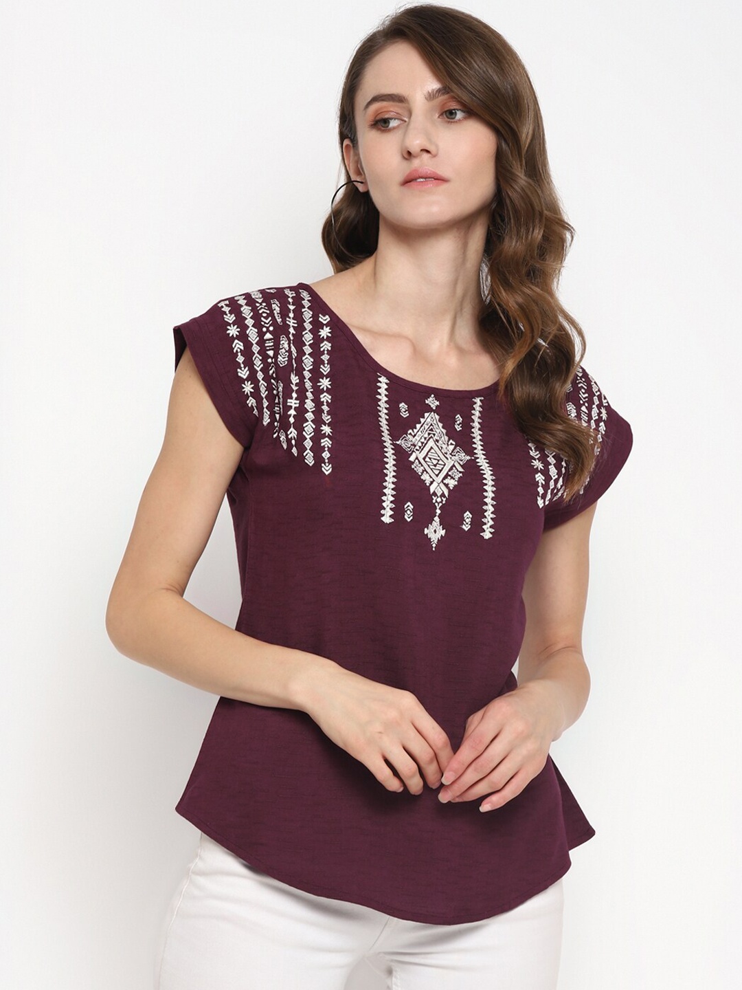 

Taurus Maroon & White Embroidered Extended Sleeves Top