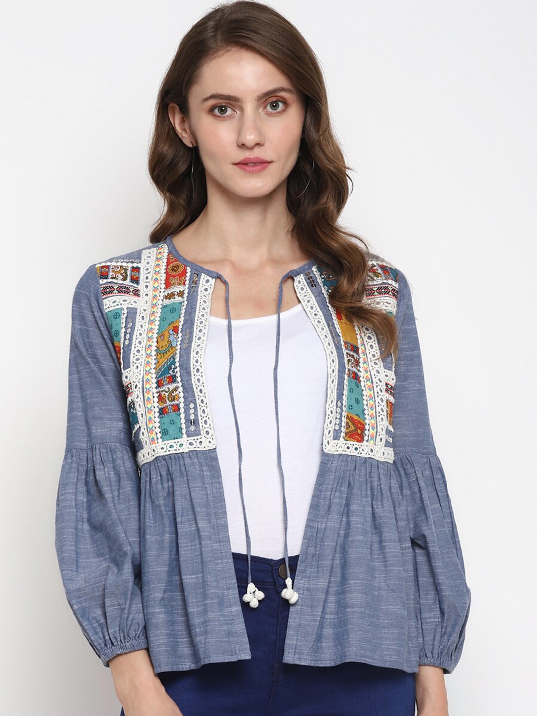 

Taurus Women Blue & Off White Embroidered Shrug