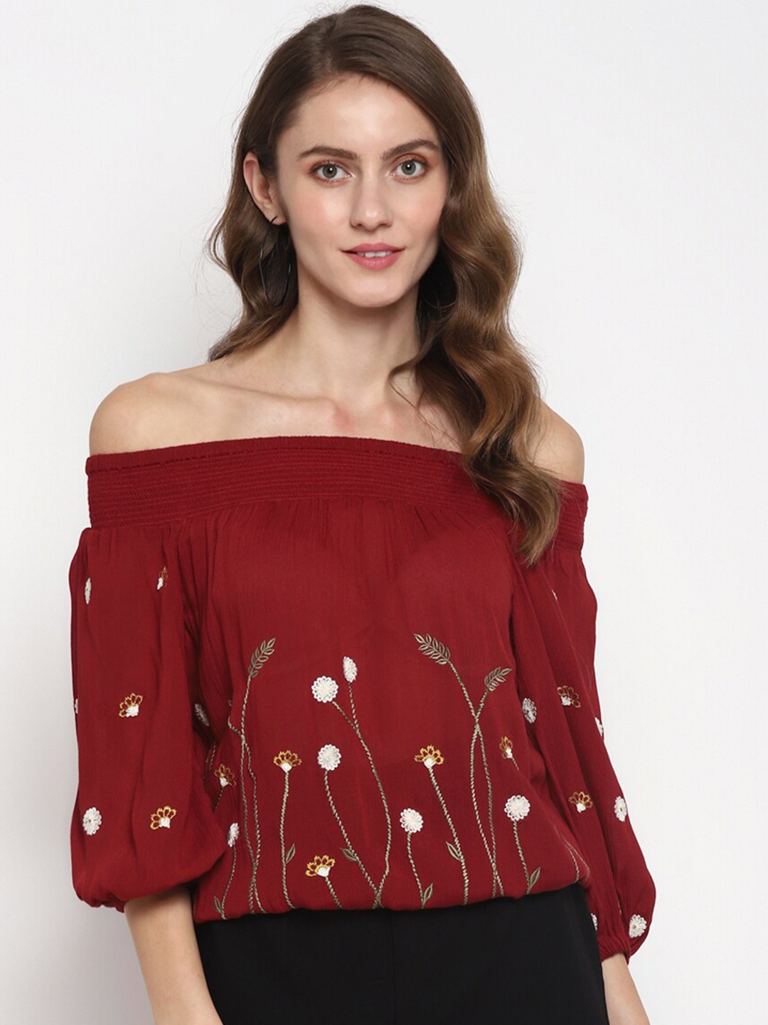 

Taurus Red Floral Embroidered Off-Shoulder Bardot Top