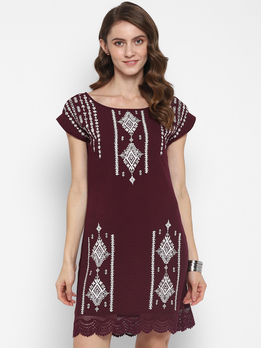 

Taurus Maroon Ethnic Motifs A-Line Dress