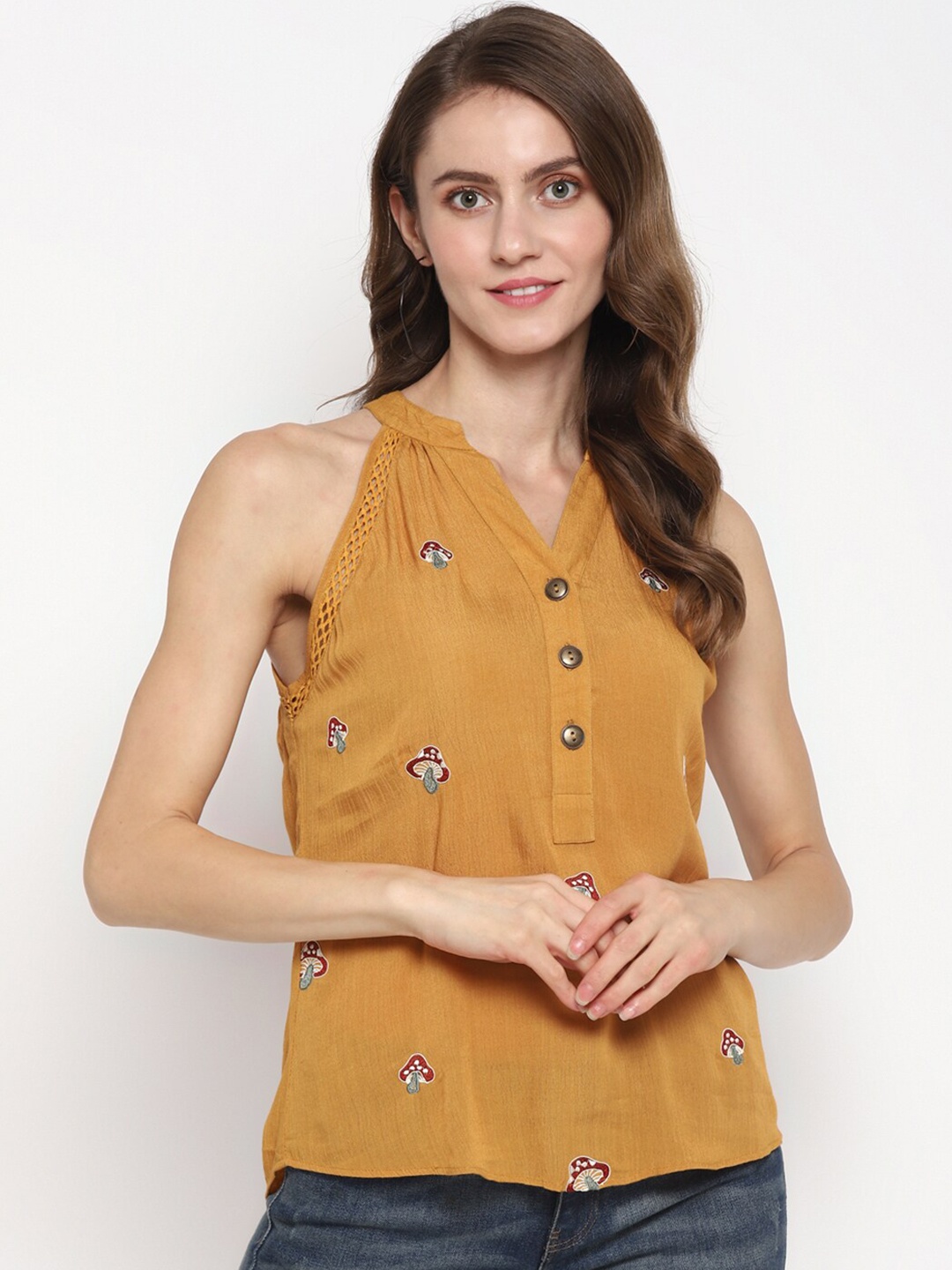 

Taurus Mustard Yellow Embroidered Mandarin Collar Top