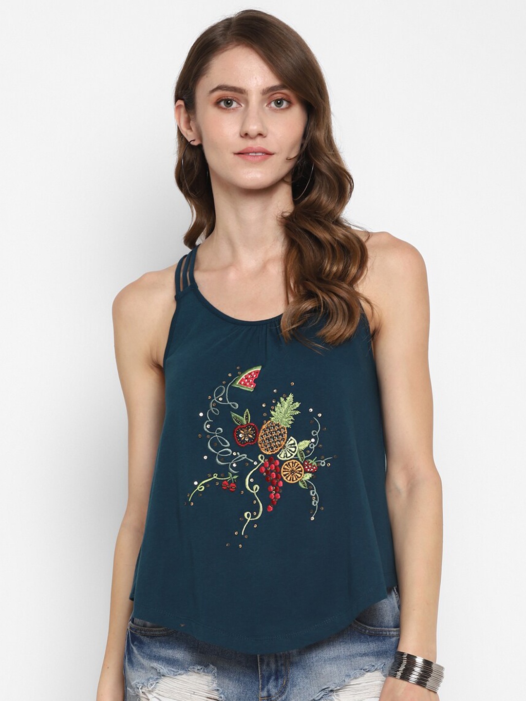 

Taurus Teal Floral Embroidered Top