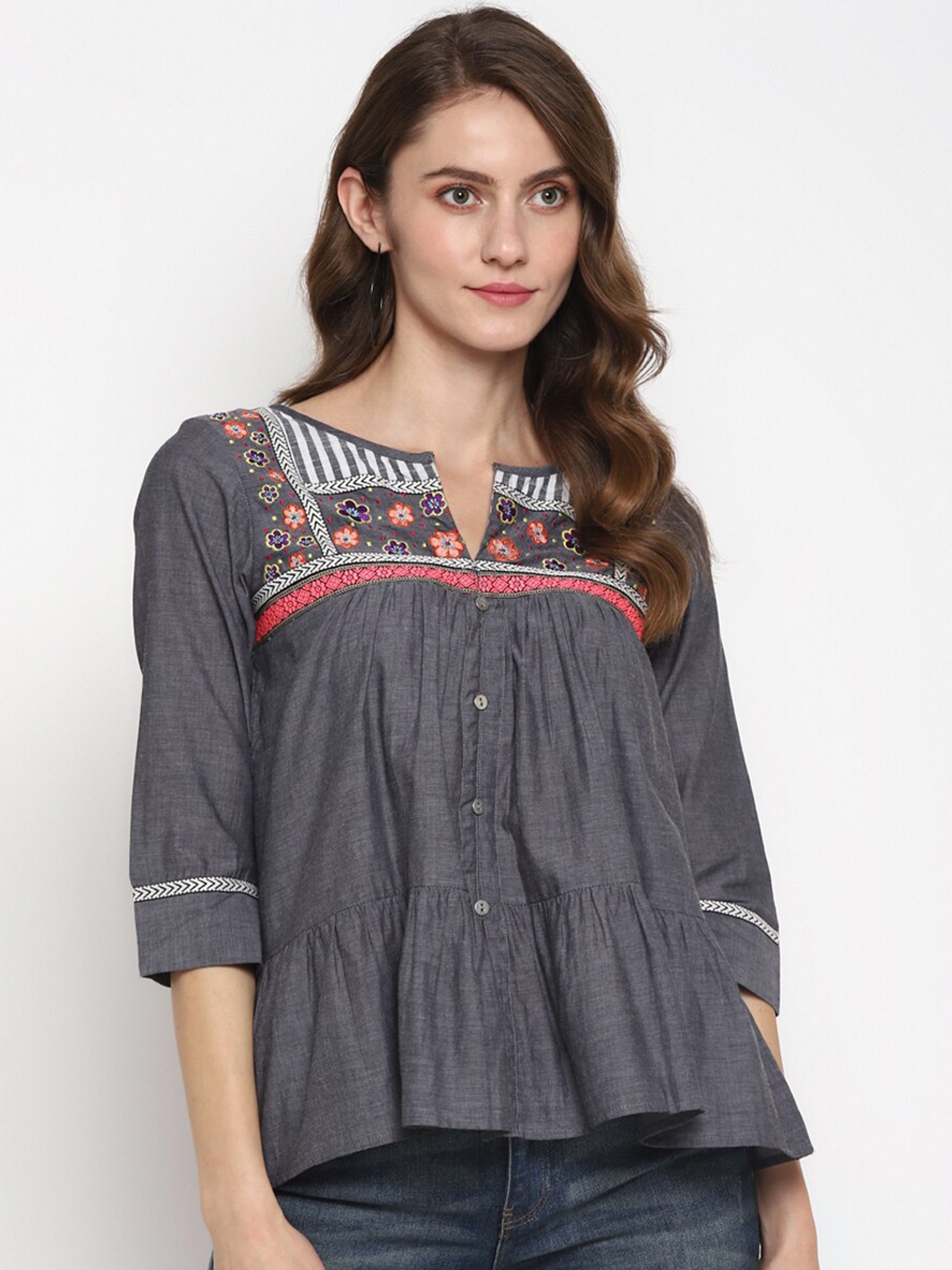 

Taurus Grey & Pink Floral Embroidered Top