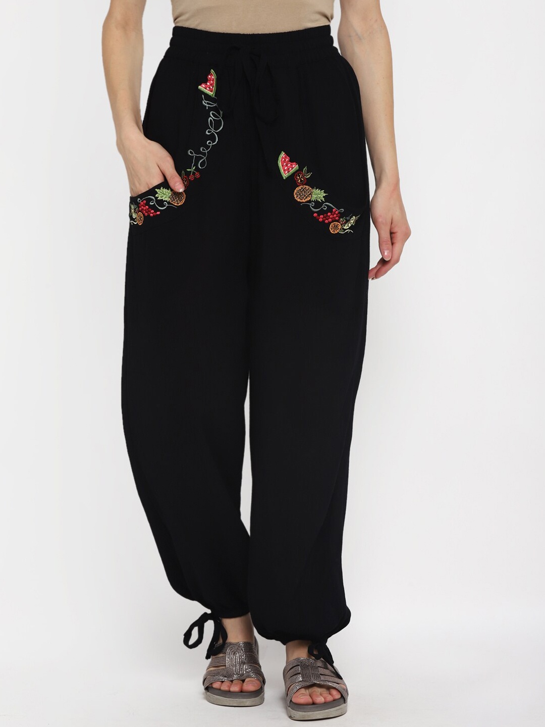 

Taurus Women Black Floral Embroidered Palazzos