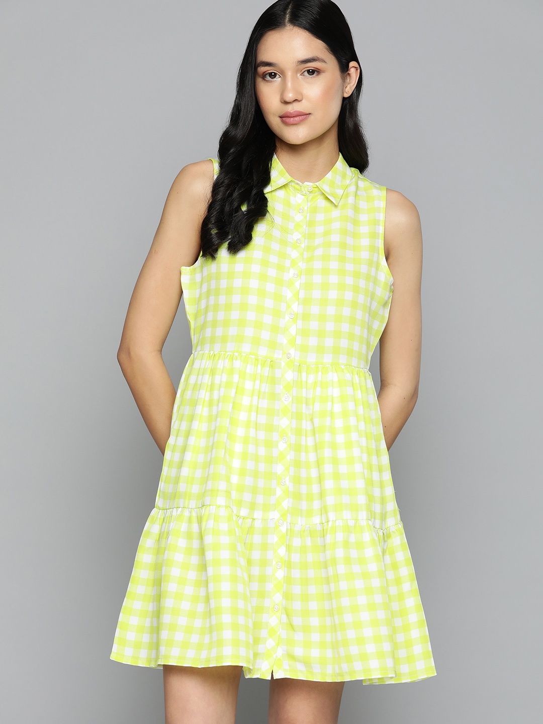 

Harvard Checked Tiered Design Shirt Dress, Fluorescent green