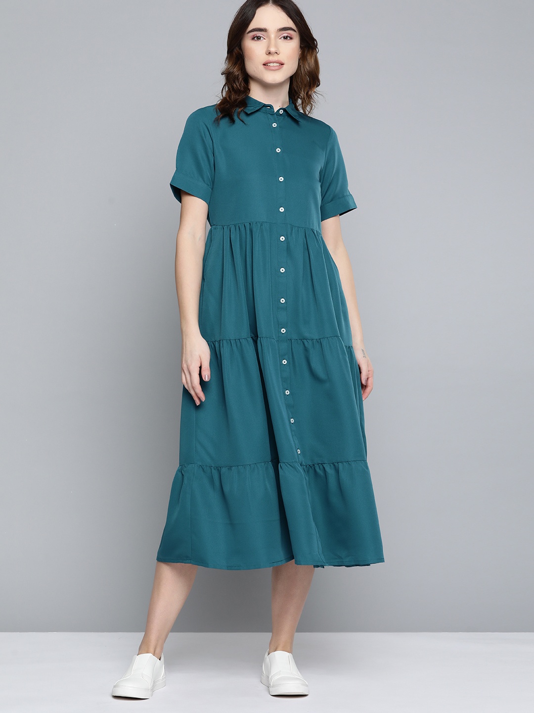 

Harvard Teal Blue Solid Tiered Shirt Midi Dress