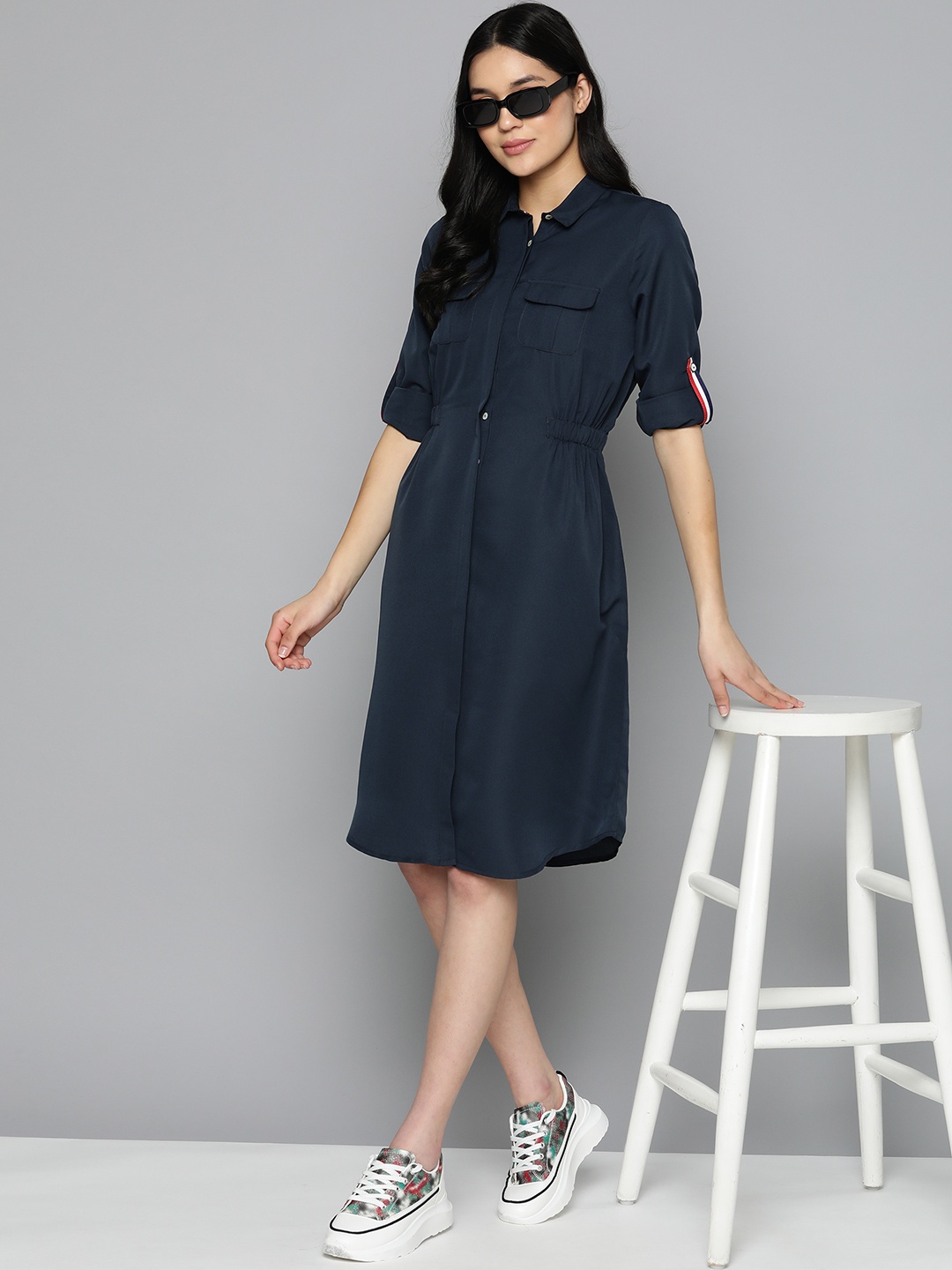 

Harvard Solid Roll-Up Sleeves Shirt Dress, Teal