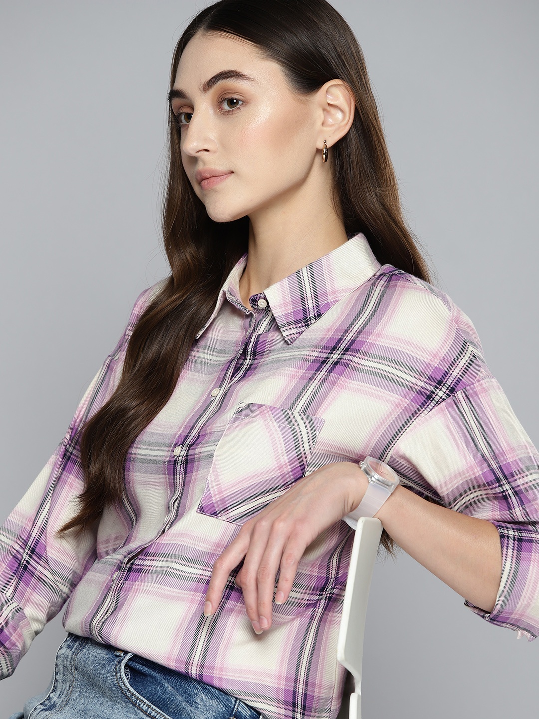 

Harvard Women Off White & Lavender Tartan Checked Casual Shirt