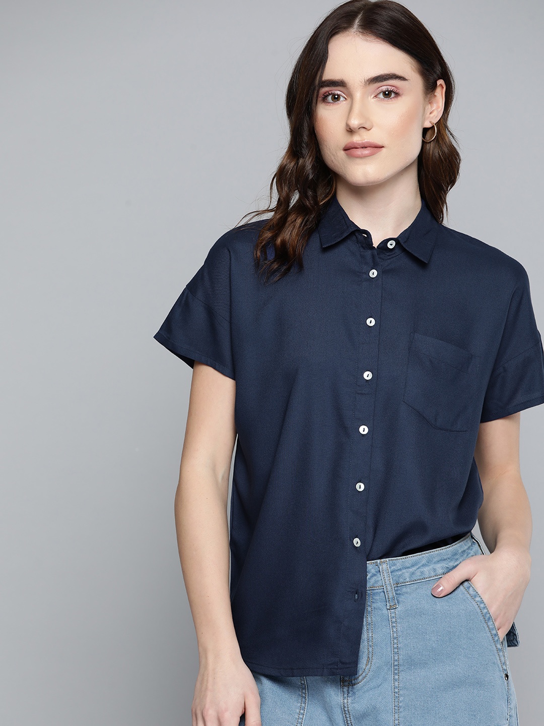 

Harvard Women Navy Blue Solid Casual Shirt