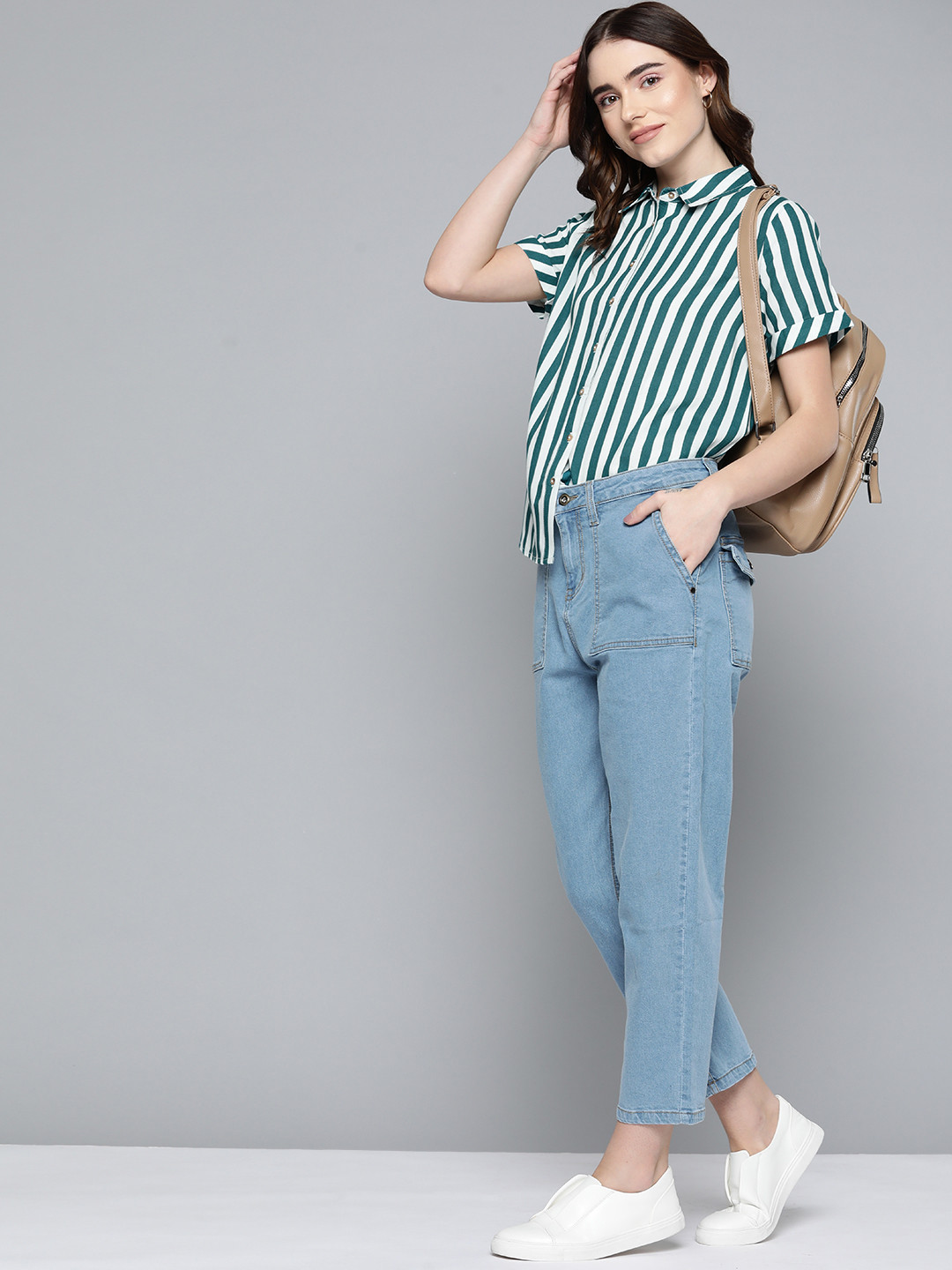

Harvard Women White & Green Striped Casual Shirt