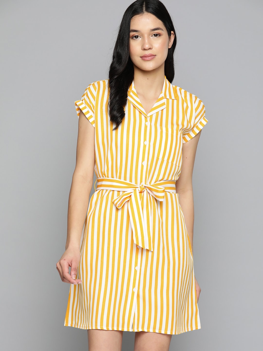 

Harvard Striped Cuban Collar Mini Shirt Dress With Tie-Up Belt, Yellow