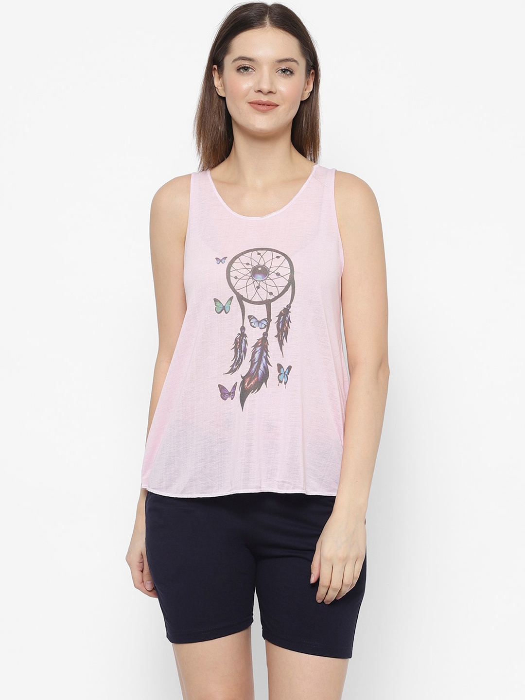 

VIMAL JONNEY Women Navy Blue & Pink Printed T-shirt with Shorts