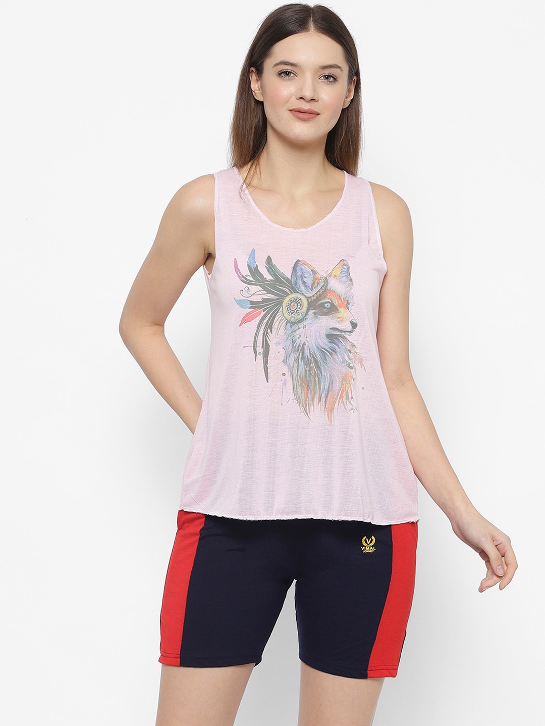 

VIMAL JONNEY Women Navy Blue & Pink Printed Night suit