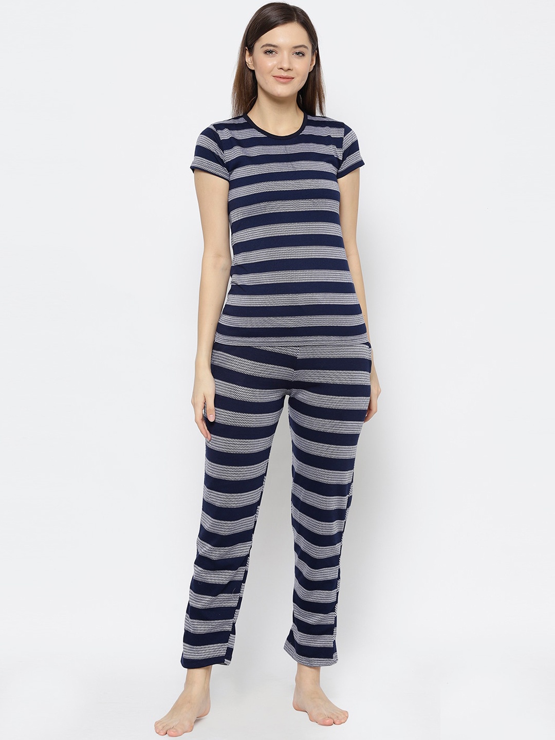 

VIMAL JONNEY Women Navy Blue Striped Night suit