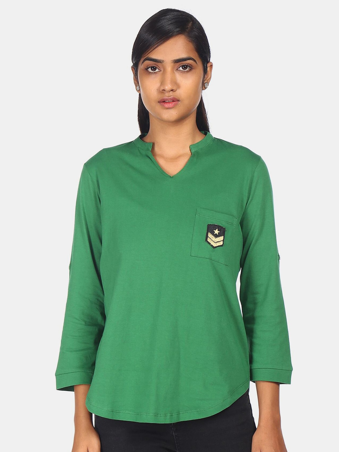 

Flying Machine Women Green Applique T-shirt