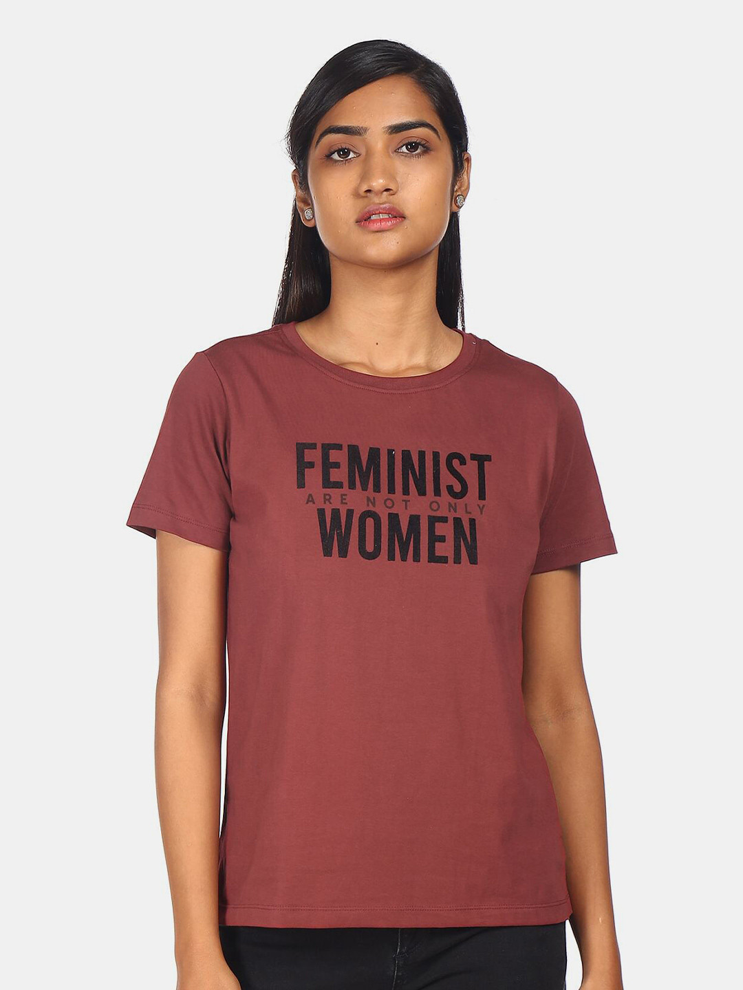 

Flying Machine Women Maroon Typography Printed T-shirt
