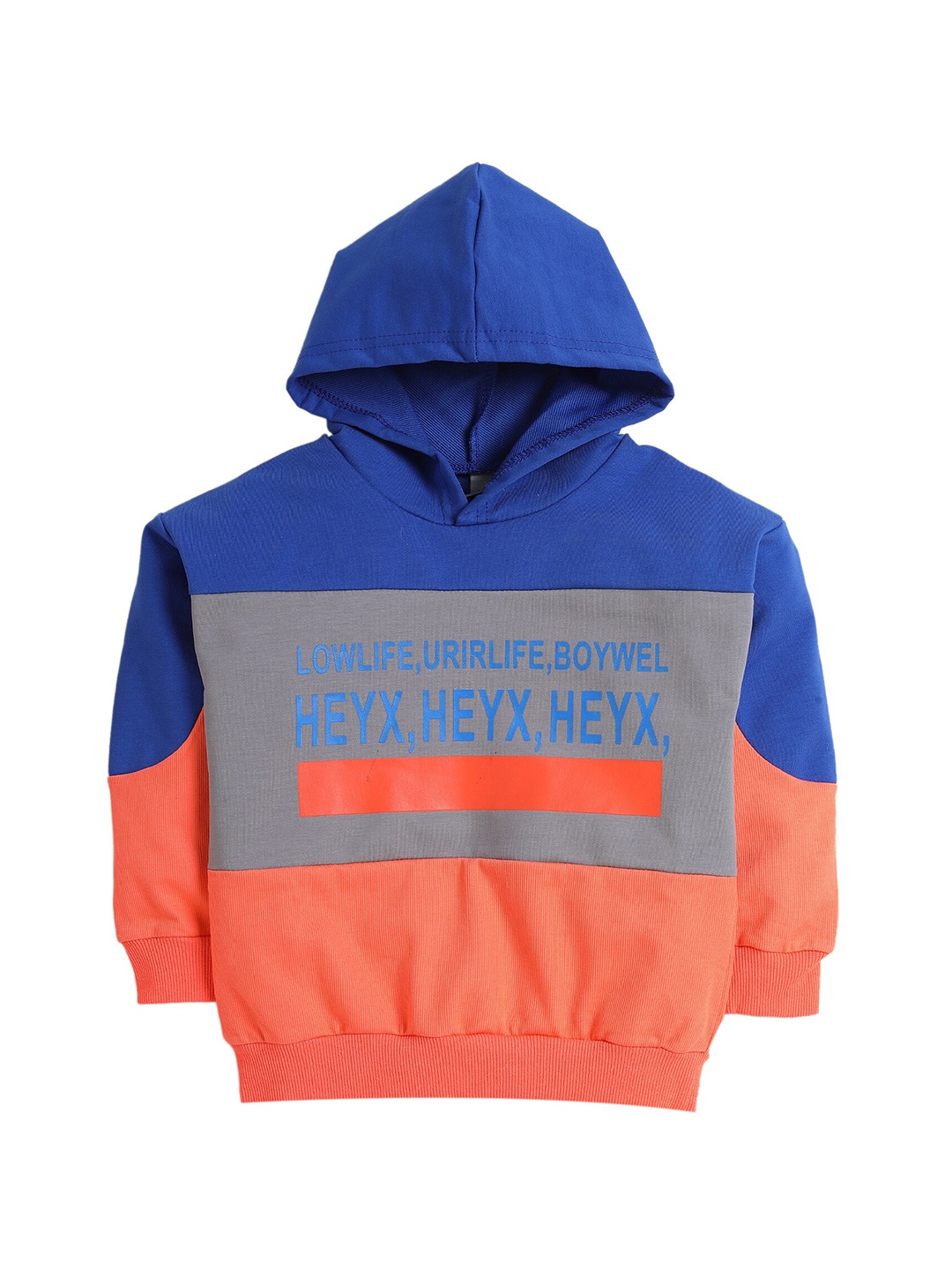 

Hopscotch Boys Blue Printed Hooded Sweatshirt