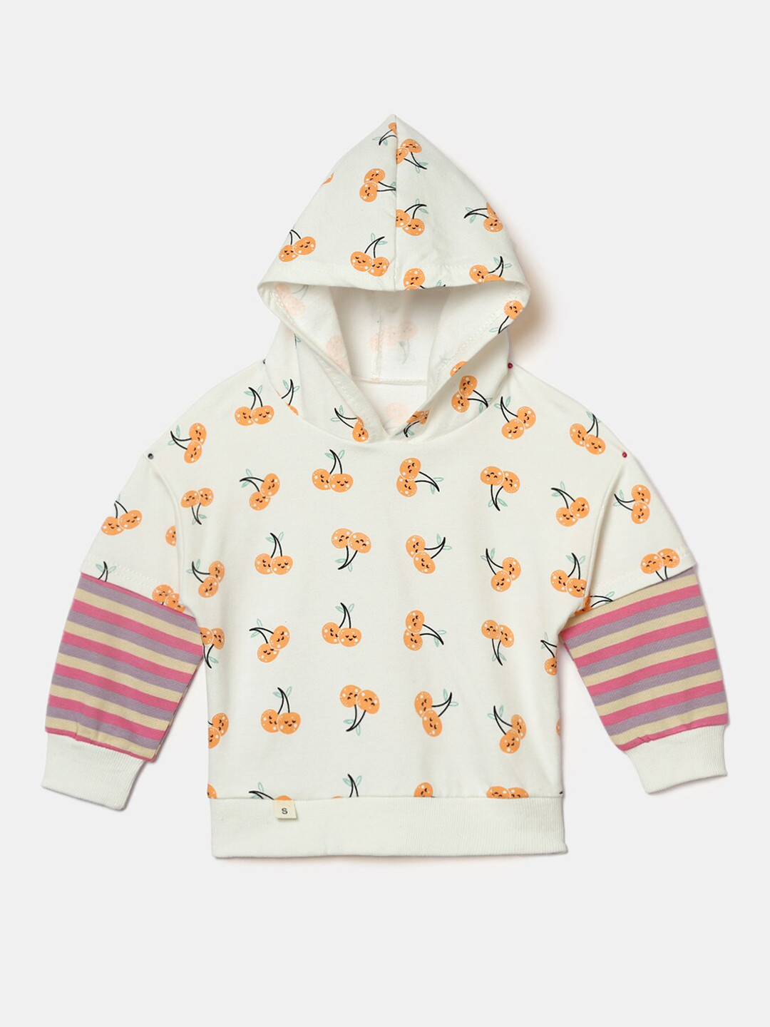 

Hopscotch Girls Off White & Orange Printed Hooded Sweatshirt