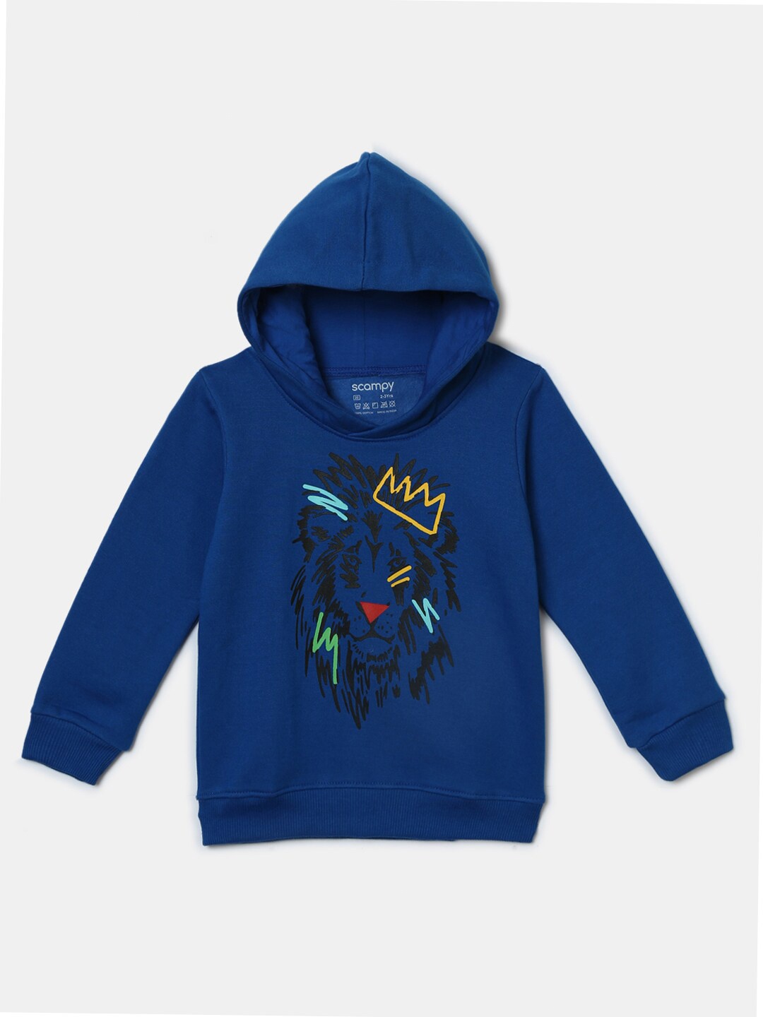 

Hopscotch Boys Blue Printed Hooded Sweatshirt