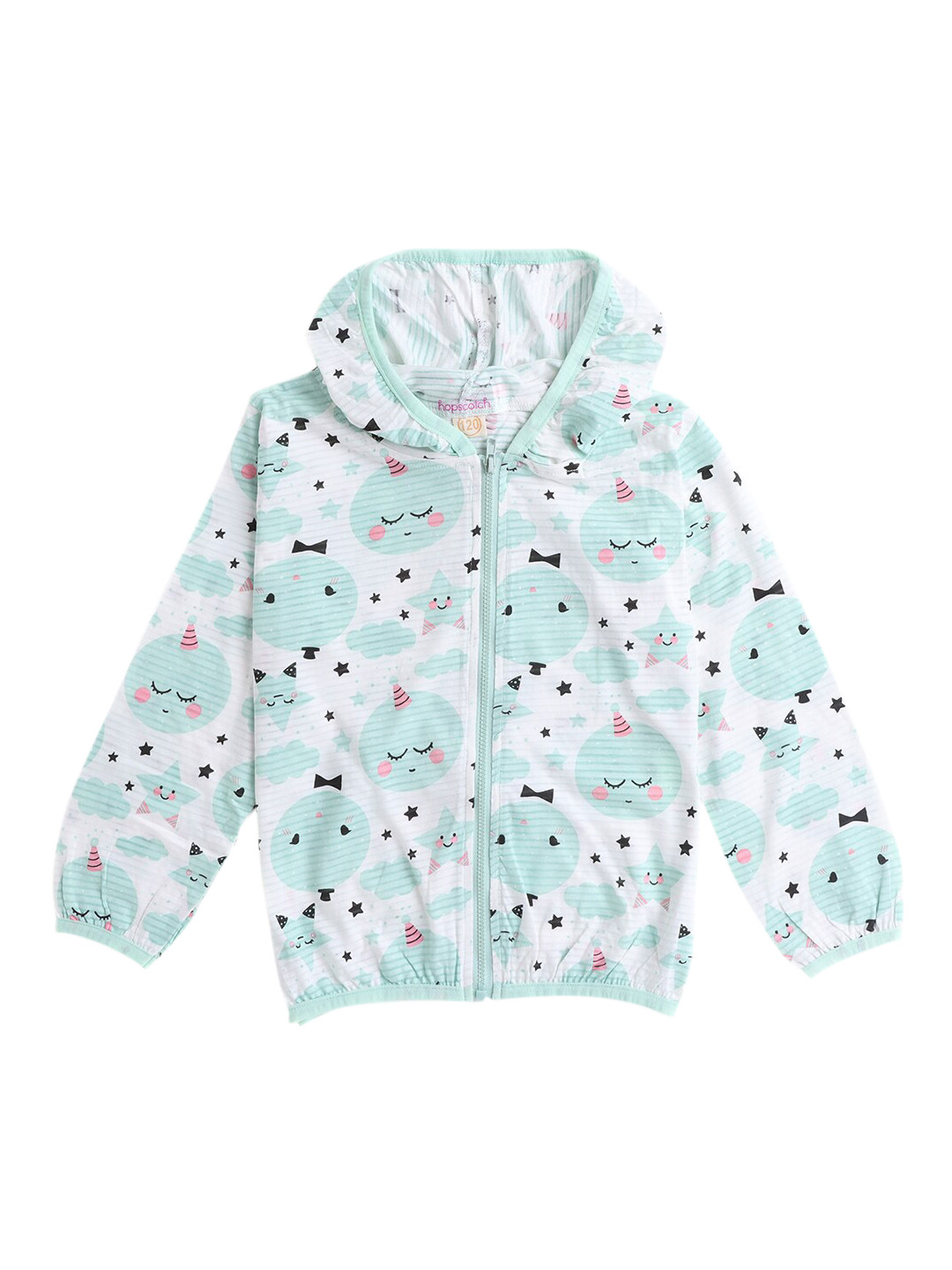 

Hopscotch Girls Sea Green White Geometric Open Front Jacket