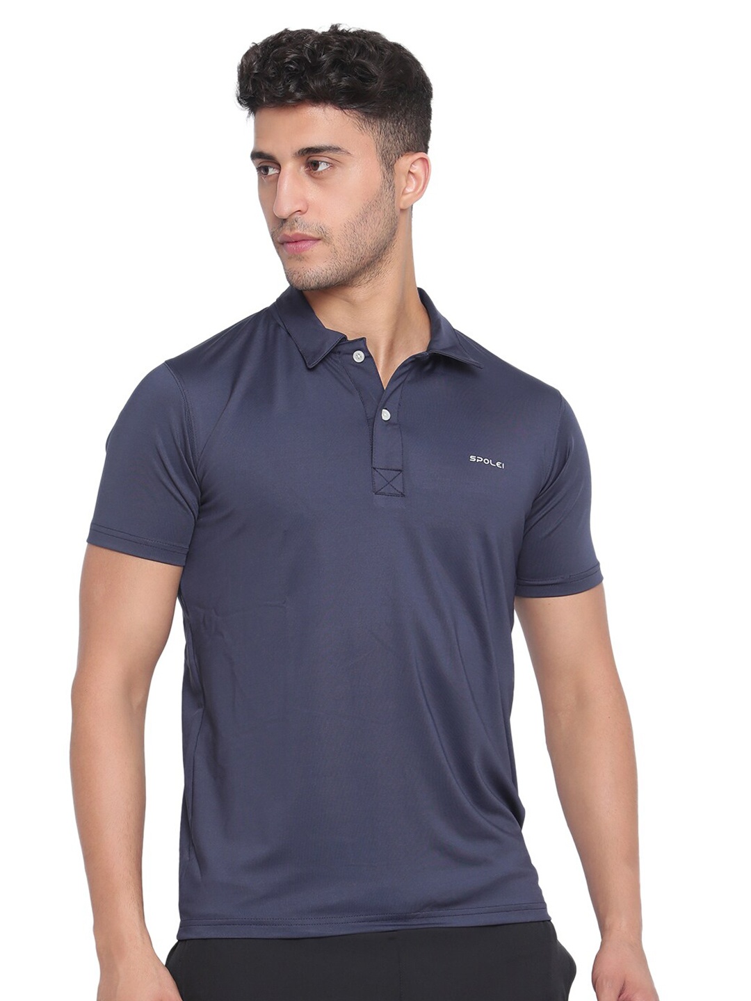 

Spolei Men Navy Blue Polo Collar Slim Fit T-shirt