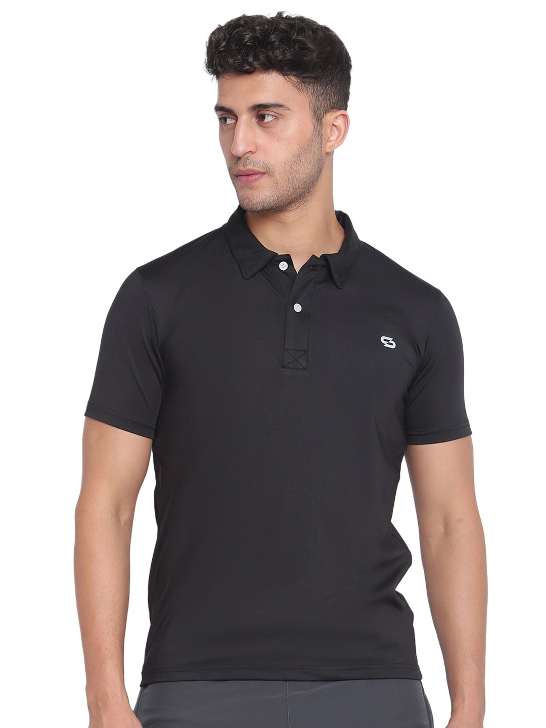 

Spolei Men Black Cotton Polo Collar Slim Fit T-shirt