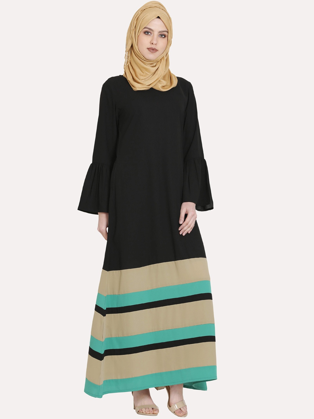 

MOMIN LIBAS Women Black & Beige Striped Abaya Burqa