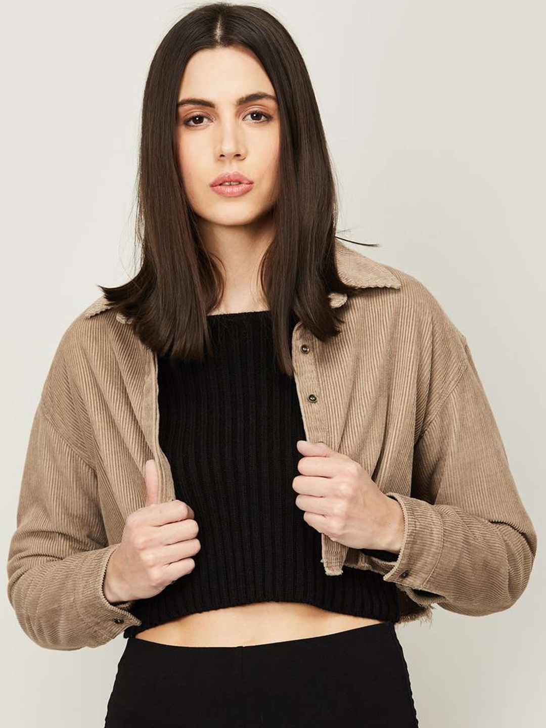 

Xpose Women Khaki Drop Shoulder Corduroy Cropped Shacket