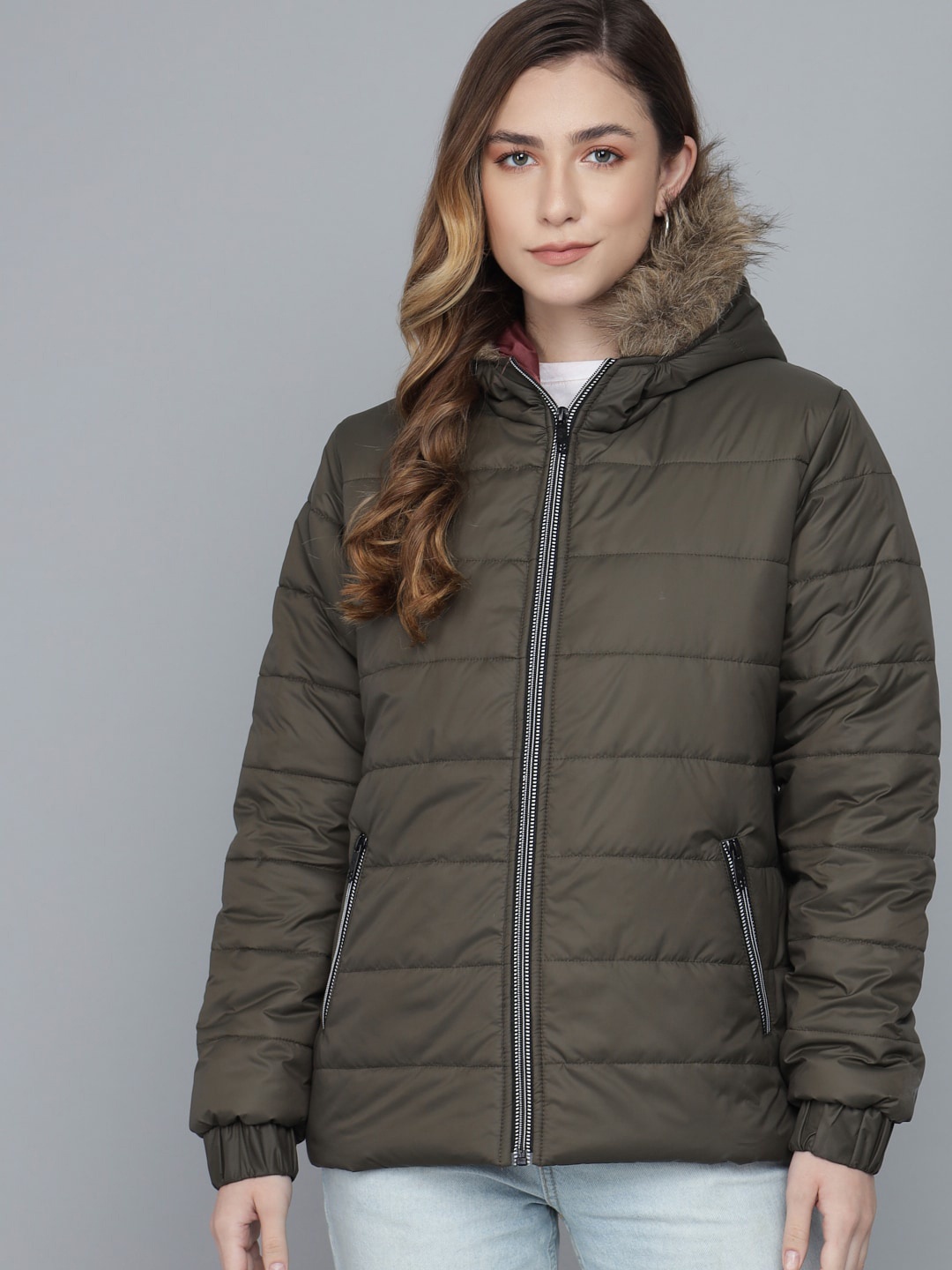 

Kotty Women Olive Green Hooded Puffer Jacket