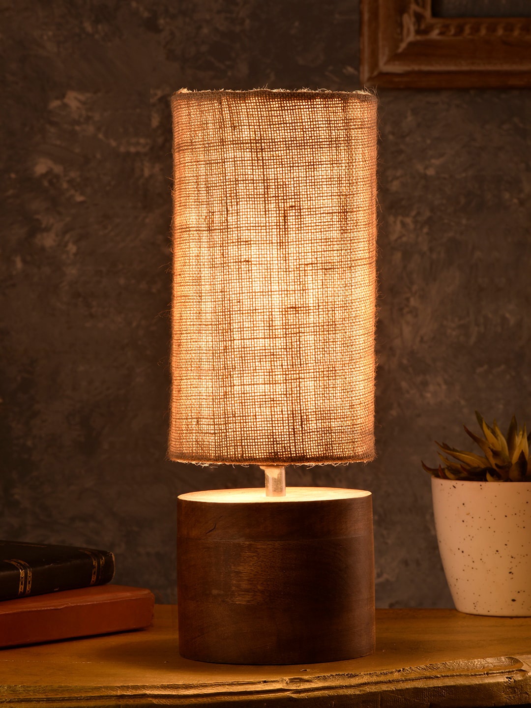 

green girgit Brown Wooden Log Table Lamp with Jute Shade