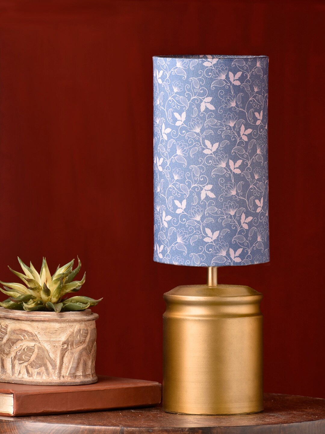 

green girgit Gold-Toned & Blue Table Lamp with Floral Vines Print Shade