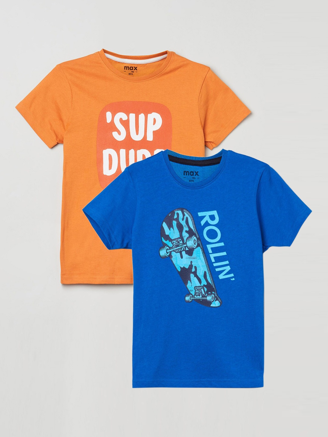 

max Boys Pack of 2 Blue & Orange Printed Cotton Tshirts