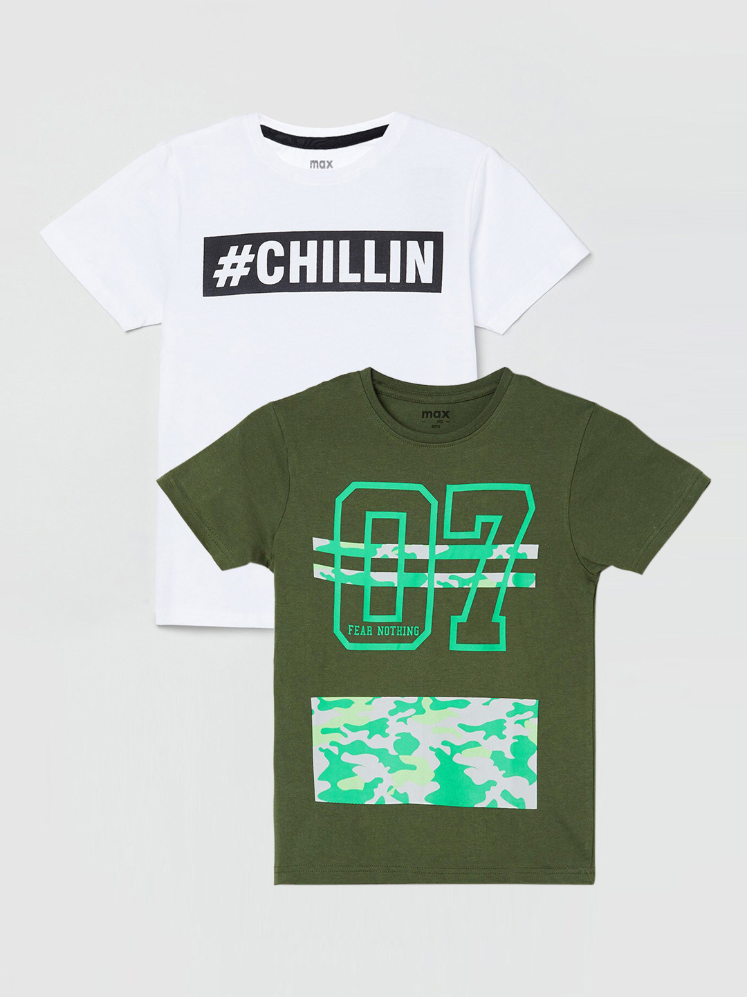 

max Boys Green & White 2 Printed T-shirt