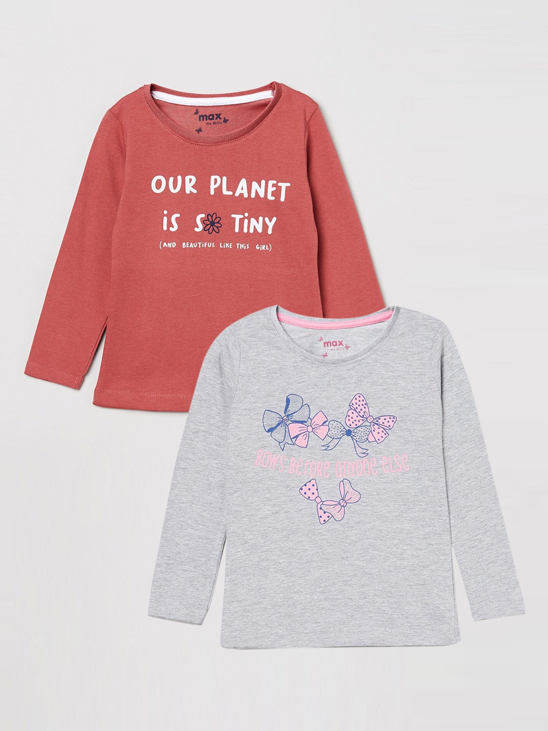 

max Girls Grey & Rust Set Of 2 Printed Tshirts
