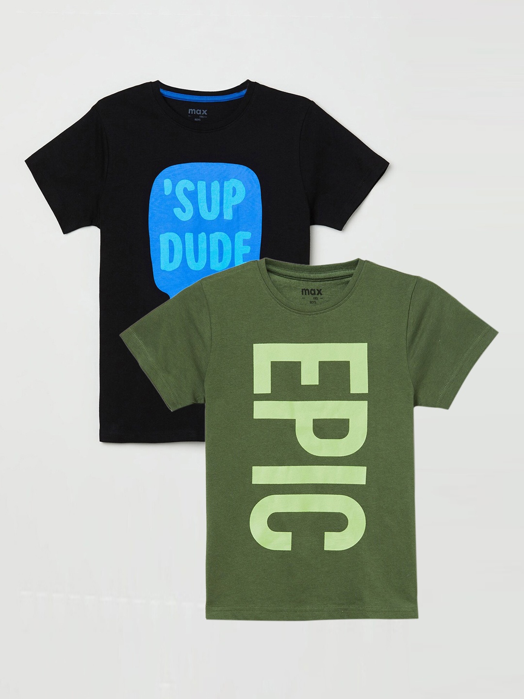 

max Boys Olive Green & Blue Set Of 2 Typography Printed T-shirts