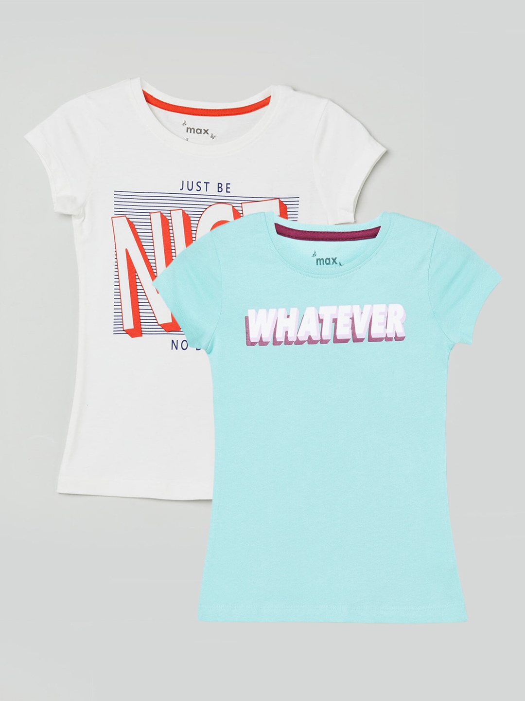 max Girls Blue Set Of 2 Typography Printed T-shirts