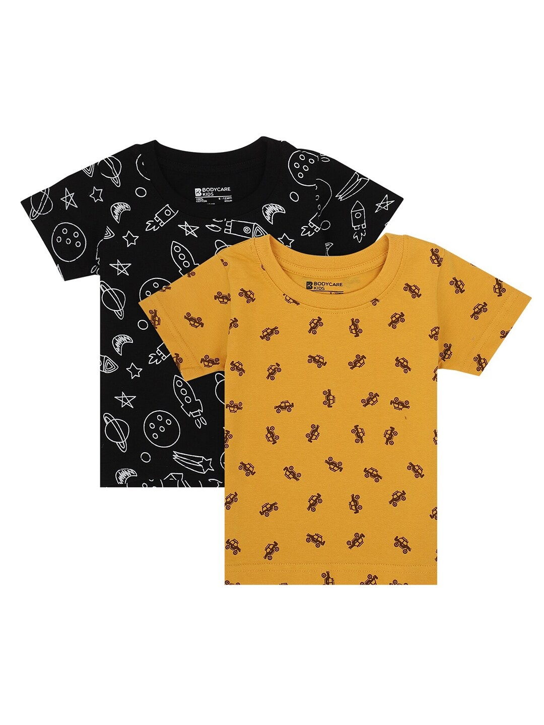 

Bodycare Kids Boys Pack Of 2 Black & Mustard Yellow Printed Cotton T-shirt