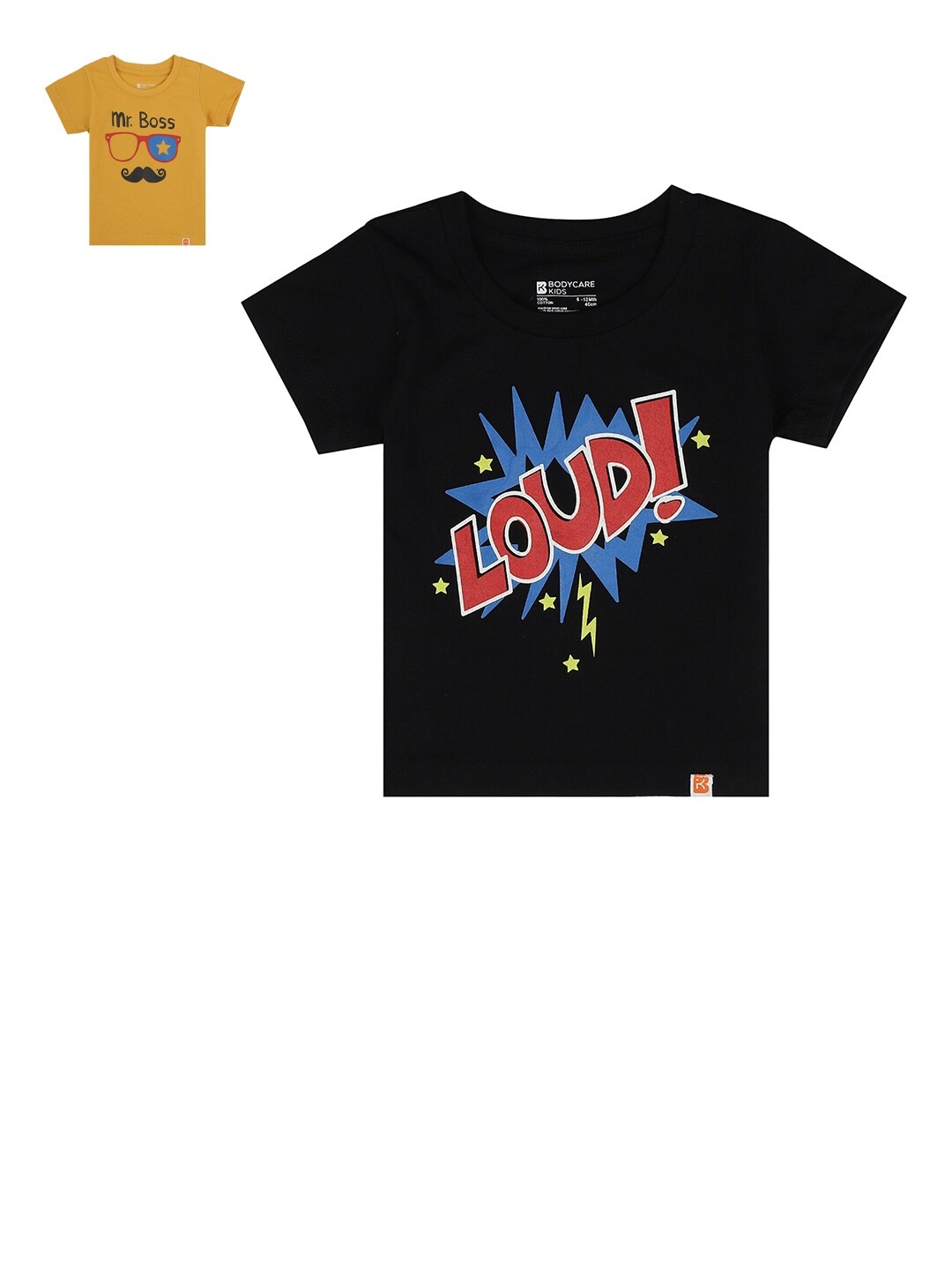 

Bodycare Kids Boys Black & Mustard Yellow Pack Of 2 Typography Printed Applique T-shirt