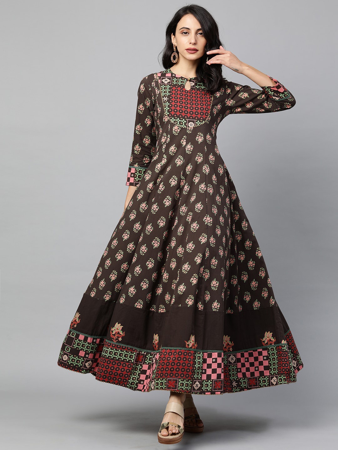 

FASHOR Brown Ethnic Motifs Ethnic Maxi Dress