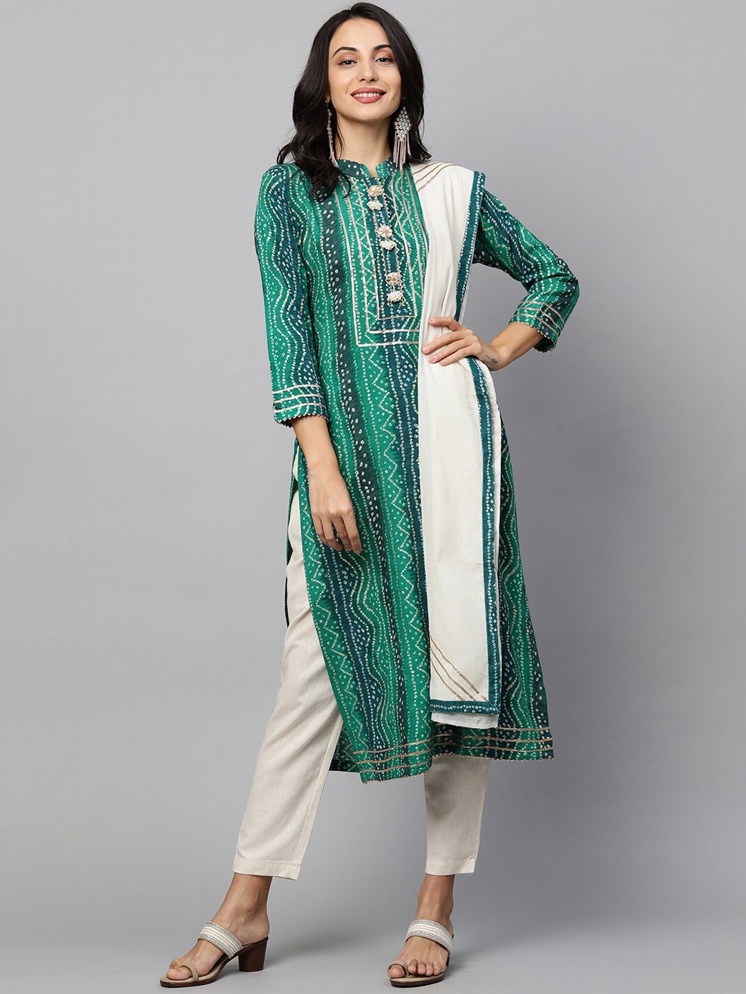 

FASHOR Women Green Striped Kurta with Palazzos