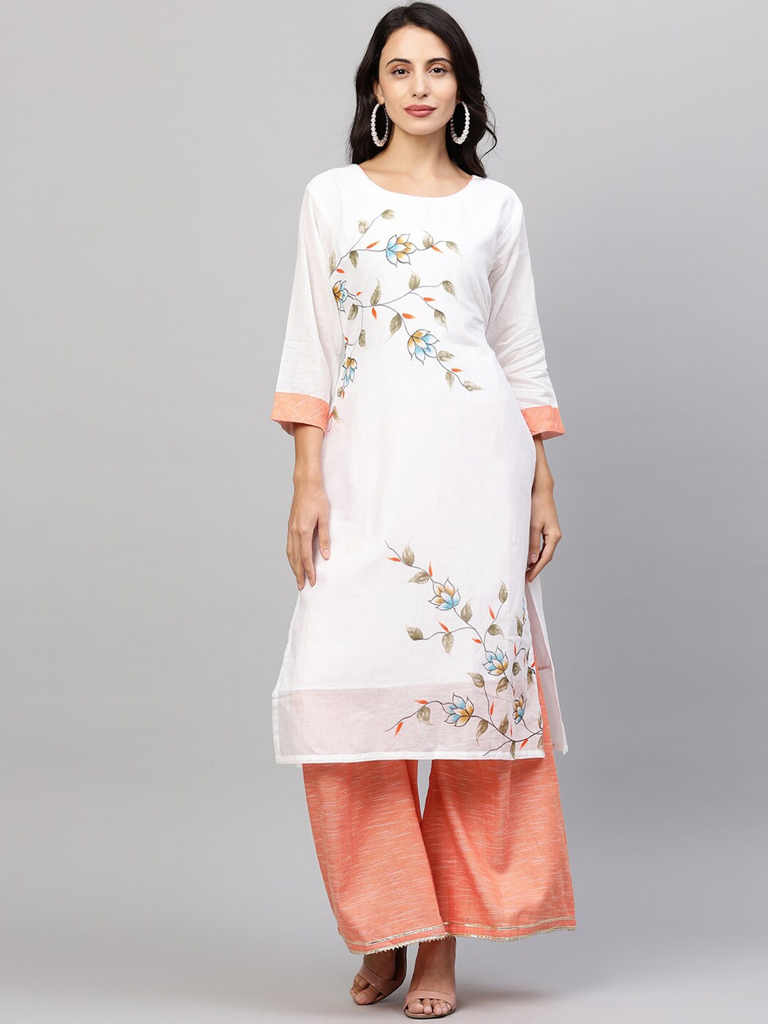 

FASHOR Women Orange Floral Printed Pure Cotton Kurta with Palazzos