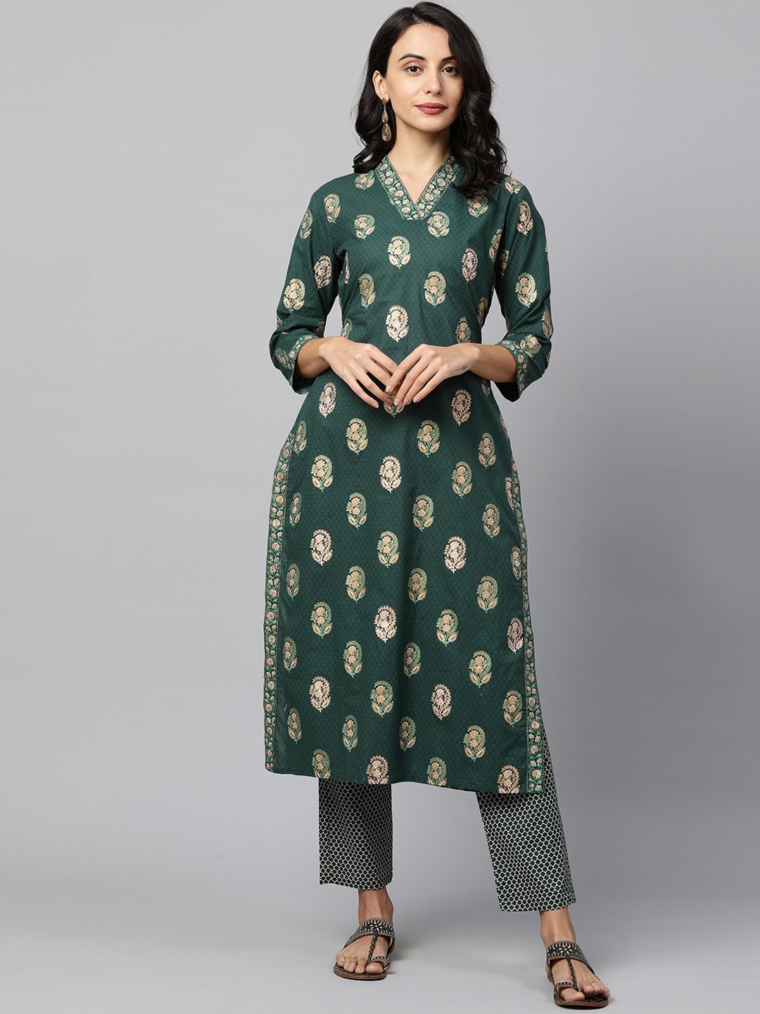 

FASHOR Women Green Printed Pure Cotton Kurta with Trousers