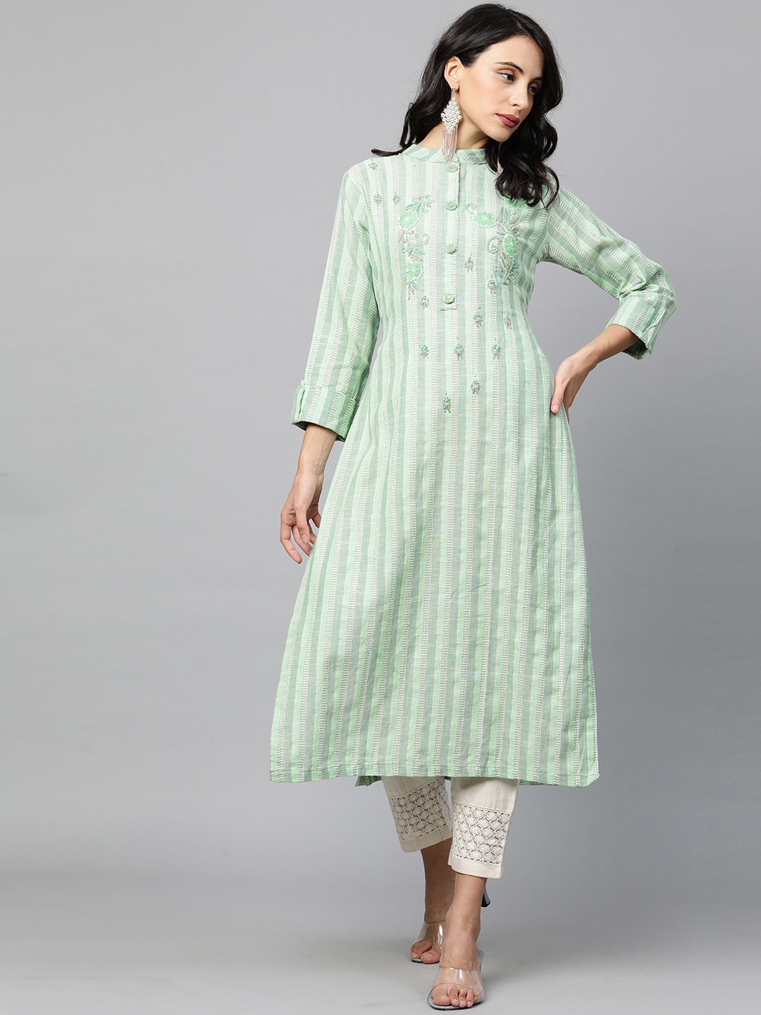 

FASHOR Women Green Striped Thread Work Embellished Kurta